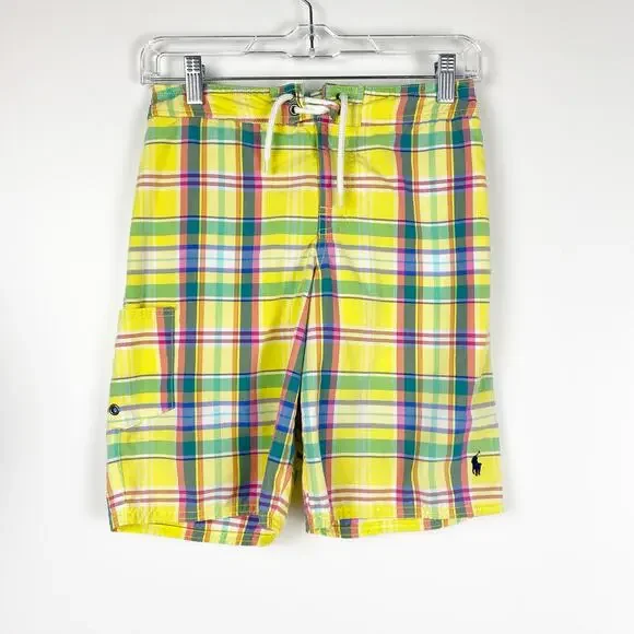 Polo Ralph Laurent Plaid Swim Trunks Preppy Pockets Yellow Plaid Boys Size Med - Picture 3 of 12